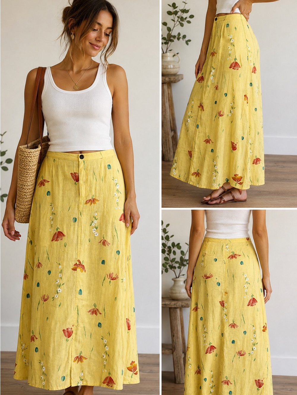 Vintage Liz Claiborne Yellow Linen Floral Maxi Skirt Cottagecore Prairie Size 10